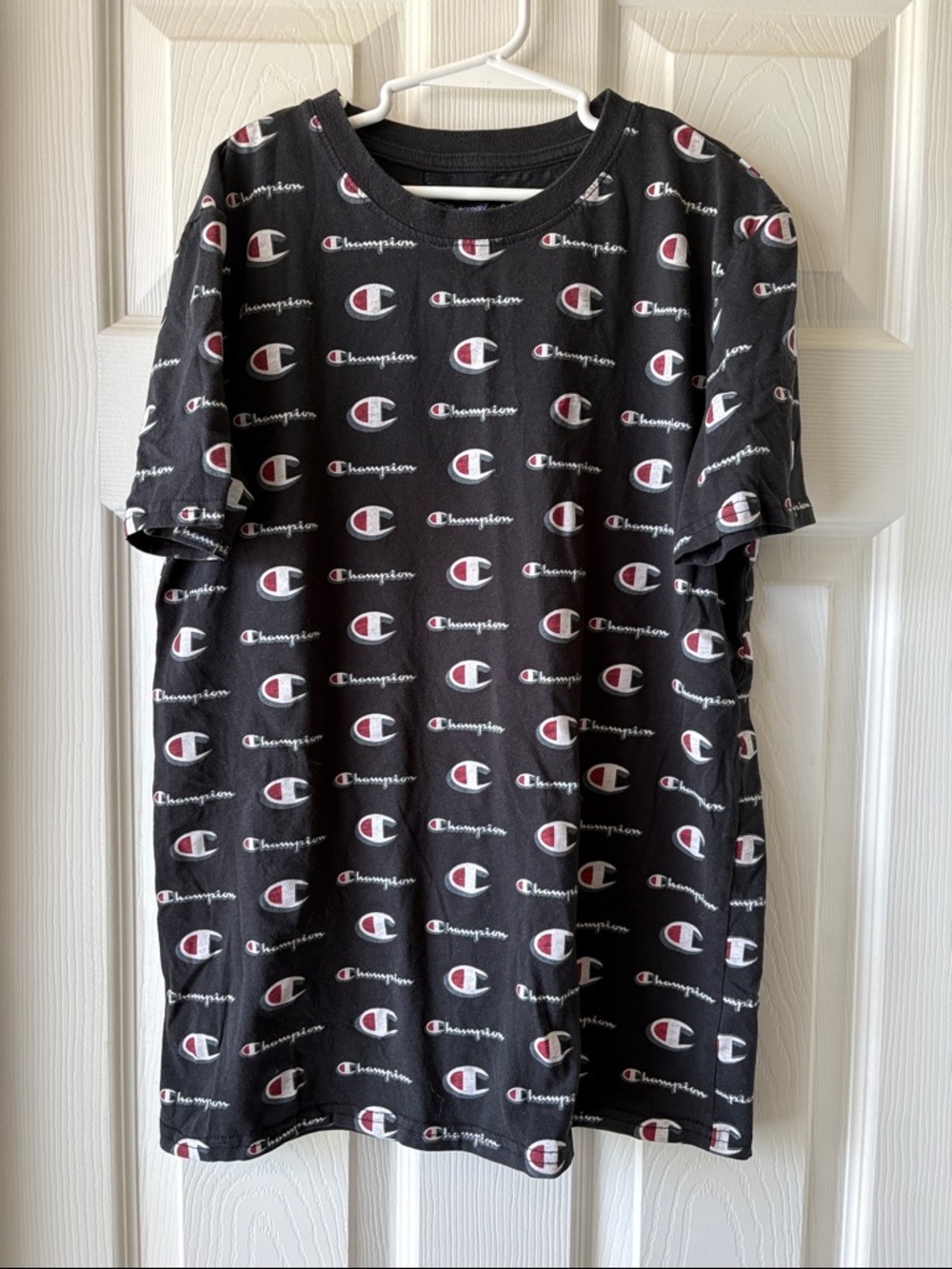 Champion Black Tee with White and Red Logos